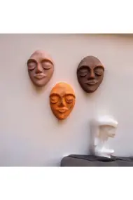 El Yapımı Yüz Heykeli Taş Duvar Dekoru 3'li Set, Modern Tasarım, Eskitme Taş Görünümlü Duvar Mask - Görsel 2