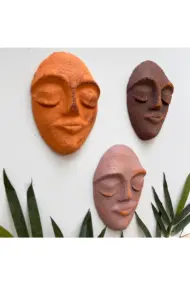 El Yapımı Yüz Heykeli Taş Duvar Dekoru 3'li Set, Modern Tasarım, Eskitme Taş Görünümlü Duvar Mask - Görsel 3