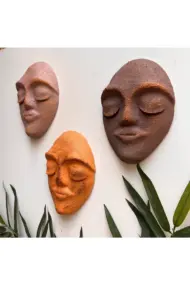 El Yapımı Yüz Heykeli Taş Duvar Dekoru 3'li Set, Modern Tasarım, Eskitme Taş Görünümlü Duvar Mask - Görsel 4