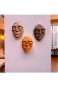 El Yapımı Yüz Heykeli Taş Duvar Dekoru 3'li Set, Modern Tasarım, Eskitme Taş Görünümlü Duvar Mask - Görsel 5