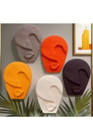 Soyut Tasarım El Yapımı Duvar Dekoru Renkli Taş Maske BÜYÜK 5'li Set, Dekor Mask, 3D Duvar Heykeli - Görsel 2