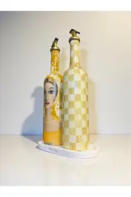 750 ml El Yapımı Sarı Portre ve Dama Desenli 2’li Dekoratif Cam Yağdanlık Seti – Sunum Standlı - Görsel 6