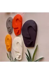 Soyut Tasarım El Yapımı Duvar Dekoru Renkli Taş Maske BÜYÜK 5'li Set, Dekor Mask, 3D Duvar Heykeli - Görsel 4