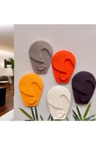 Soyut Tasarım El Yapımı Duvar Dekoru Renkli Taş Maske BÜYÜK 5'li Set, Dekor Mask, 3D Duvar Heykeli - Görsel 8