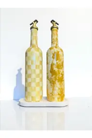 750 ml El Yapımı Sarı Portre ve Dama Desenli 2’li Dekoratif Cam Yağdanlık Seti – Sunum Standlı - Görsel 7