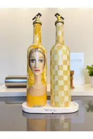 750 ml El Yapımı Sarı Portre ve Dama Desenli 2’li Dekoratif Cam Yağdanlık Seti – Sunum Standlı - Görsel 8