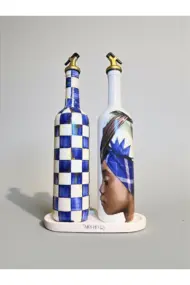 750 ml El Yapımı Mavi Dama ve Portre Desenli 2’li Cam Yağdanlık Seti – Royal stil dekor