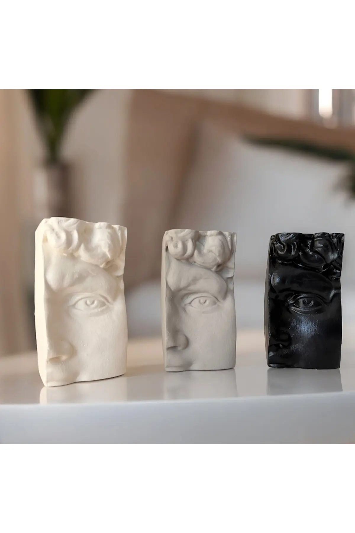 67957647665647-img-1_org_zoom Dekoratif Beton Antik Yüz Gri Siyah Bej Heykel Biblo 3 Lü Set Masa Üstü Aksesuar Kitap Tutucu Dekor - Görsel 1