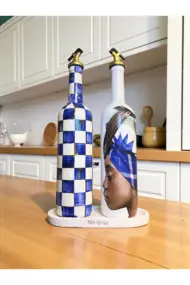 750 ml El Yapımı Mavi Dama ve Portre Desenli 2’li Cam Yağdanlık Seti – Royal stil dekor - Görsel 2