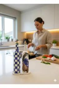 750 ml El Yapımı Mavi Dama ve Portre Desenli 2’li Cam Yağdanlık Seti – Royal stil dekor - Görsel 3