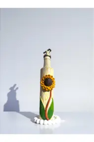 500 ml El Yapımı Orta boy Ayçiçek Desenli Cam Yağdanlık – Çatlatma Dokulu, Kabartma Kil Uygulamalı - Görsel 2