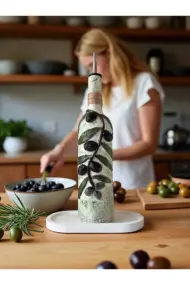 El yapımı Kabartma Seramik Uygulamalı Zeytin Dalı Desenli Cam Şişe Sirkelik-Yağdanlık, Mutfak dekor - Görsel 2