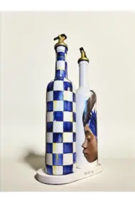 750 ml El Yapımı Mavi Dama ve Portre Desenli 2’li Cam Yağdanlık Seti – Royal stil dekor - Görsel 5