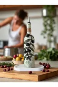 El yapımı Kabartma Seramik Uygulamalı Zeytin Dalı Desenli Cam Şişe Sirkelik-Yağdanlık, Mutfak dekor - Görsel 7
