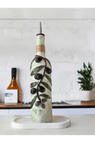 El yapımı Kabartma Seramik Uygulamalı Zeytin Dalı Desenli Cam Şişe Sirkelik-Yağdanlık, Mutfak dekor - Görsel 8