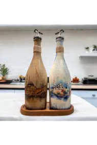 İstanbul Ayasofya Desenli Sunum Stantlı 2'li 750 ml Zeytinyağı Sıvıyağ Şişesi Yağdanlık Yağlık