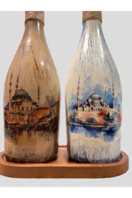 İstanbul Ayasofya Desenli Sunum Stantlı 2'li 750 ml Zeytinyağı Sıvıyağ Şişesi Yağdanlık Yağlık - Görsel 5