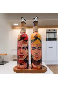 Renkli Kadın Desenli 750 ml Zeytinyağı Sıvıyağ Şişesi Yağdanlık Yağlık Sirkelik Sosluk 2'li Set