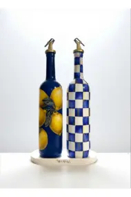 750 ML El Yapımı Mavi Limon ve Dama Desenli 2’li Cam Yağdanlık Seti – Gold Başlıklı Dekoratif Tarz