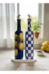 750 ML El Yapımı Mavi Limon ve Dama Desenli 2’li Cam Yağdanlık Seti – Gold Başlıklı Dekoratif Tarz - Görsel 2