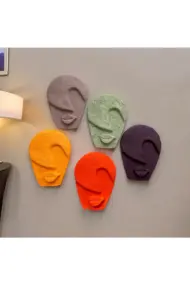 Soyut Tasarım El Yapımı Duvar Dekoru Renkli Taş Maske BÜYÜK 5'li Set, Dekor Mask, 3D Duvar Heykeli - Görsel 2