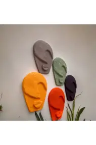 Soyut Tasarım El Yapımı Duvar Dekoru Renkli Taş Maske BÜYÜK 5'li Set, Dekor Mask, 3D Duvar Heykeli - Görsel 4