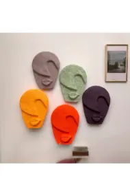 Soyut Tasarım El Yapımı Duvar Dekoru Renkli Taş Maske BÜYÜK 5'li Set, Dekor Mask, 3D Duvar Heykeli - Görsel 8