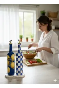 750 ML El Yapımı Mavi Limon ve Dama Desenli 2’li Cam Yağdanlık Seti – Gold Başlıklı Dekoratif Tarz - Görsel 3