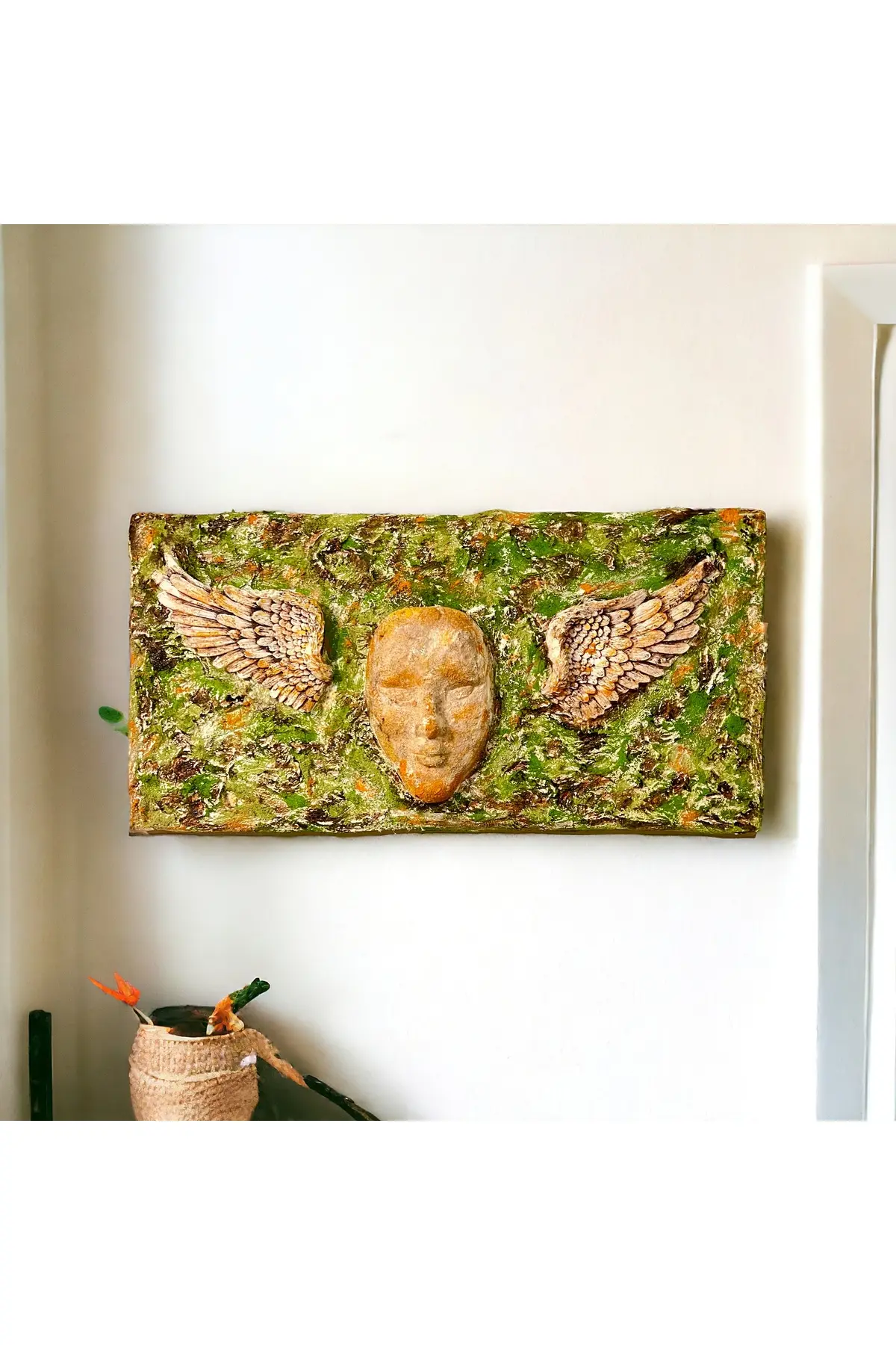 3746796457945-img-1_org_zoom Özel Tasarım Yosun Efektli İnsan Yüzlü Melek Kanadı 3 Boyutlu Tablo, Duvar dekoru - Görsel 1