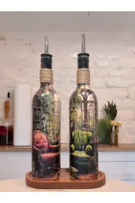 El yapımı Rustik Koltuk Desenli Renkli 750 ml Zeytinyağı Sıvıyağ Şişesi Yağdanlık Yağlık 2'li Set