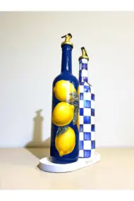 750 ML El Yapımı Mavi Limon ve Dama Desenli 2’li Cam Yağdanlık Seti – Gold Başlıklı Dekoratif Tarz - Görsel 4