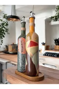 Modern Tasarımlı Kadın Desenli Renkli 750 ml Zeytinyağı Sıvıyağ Şişesi Yağdanlık Yağlık 2'li Set - Görsel 3
