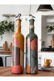 Modern Tasarımlı Kadın Desenli Renkli 750 ml Zeytinyağı Sıvıyağ Şişesi Yağdanlık Yağlık 2'li Set - Görsel 6