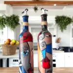 Modern Tasarımlı Soyut Yüz Desenli Renkli 750 ml Zeytinyağı Sıvıyağ Şişesi Yağdanlık Yağlık 2'li Set