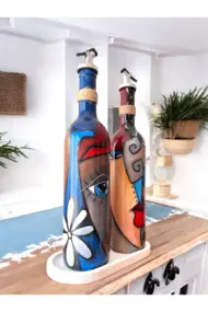 Modern Tasarımlı Soyut Yüz Desenli Renkli 750 ml Zeytinyağı Sıvıyağ Şişesi Yağdanlık Yağlık 2'li Set - Görsel 3