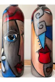 Modern Tasarımlı Soyut Yüz Desenli Renkli 750 ml Zeytinyağı Sıvıyağ Şişesi Yağdanlık Yağlık 2'li Set - Görsel 5