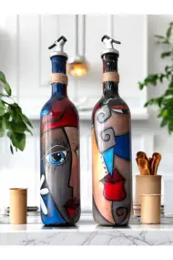 Modern Tasarımlı Soyut Yüz Desenli Renkli 750 ml Zeytinyağı Sıvıyağ Şişesi Yağdanlık Yağlık 2'li Set - Görsel 6