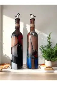 Modern Tasarımlı Soyut Yüz Desenli Renkli 750 ml Zeytinyağı Sıvıyağ Şişesi Yağdanlık Yağlık 2'li Set - Görsel 7