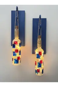 Led Işıklı Koyu Mavi Renkli Vitray Cam Salon Bar Bahçe Dekoru Şarap Şişesi Duvar Aplik 2'li Set - Görsel 2