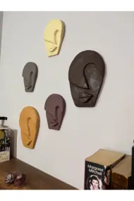 Soyut Tasarım El Yapımı Özel Pigment Boyalı Salon Oturma Odası Mutfak Duvar Dekoru Taş Mask 5'li Set - Görsel 2