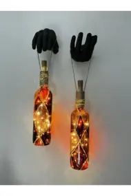 Heykel Siyah El Dekorlu Led Işıklı Kahve Vitray Cam Şarap Şişesi Aplik 2'li set Cafe Bahçe Ev Dekoru - Görsel 2