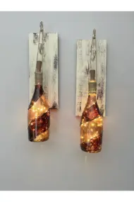 Led Işıklı Ahşap Kahverengi Vitray Cam Salon Bar Bahçe Dekoru Şampanya Şişesi Aplik 2 Li Set - Görsel 2