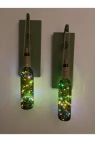 Renkli Tıpa Peri Led Işıklı Yeşil Ahşap Retro Yeşil Şarap Şişesi Duvar Aplik 2'li Set - Görsel 2