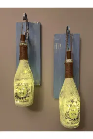 Tıpa Peri Led Işıklı Mavi Eskitme Ahşap Buzlu Cam Şampanya Şişesi Duvar Aplik 2'li Set - Görsel 2