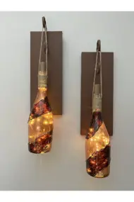 Led Işıklı Ahşap Kahverengi Vitray Cam Salon Bar Bahçe Dekoru Şampanya Şişesi Aplik 2'li Set - Görsel 2