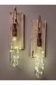 Tıpa Peri Led Işıklı Krem Kahve Cam Şarap Şişesi Duvar Aplik 2'li Set - Görsel 2