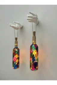 Kadın El Heykeli Led Işıklı Renkli Vitray Cam Şarap Şişesi Aplik Set Cafe, Bar, Bahçe, Ev Dekoru - Görsel 2