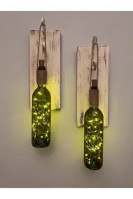 Tıpa Peri Led Işıklı Krem Kahve Retro Yeşil Şarap Şişesi Duvar Aplik 2'li Set - Görsel 2