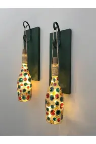 Led Işıklı Ahşap Koyu Yeşil Renkli Vitray Cam Salon Bar Bahçe Dekoru Şampanya Şişesi Aplik 2'li Set - Görsel 2