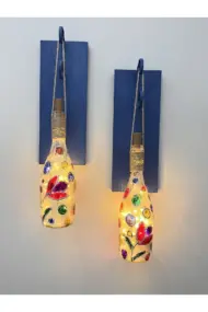 Led Işıklı Ahşap Koyu Mavi Renkli Vitray Cam Salon Bar Bahçe Dekoru Şampanya Şişesi Aplik 2'li Set - Görsel 2